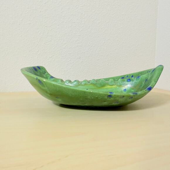 Vintage Large Ceramic Ashtray Green Blue Drip Glaze MCM Lily Pad 9.5" - Picture 4 of 8